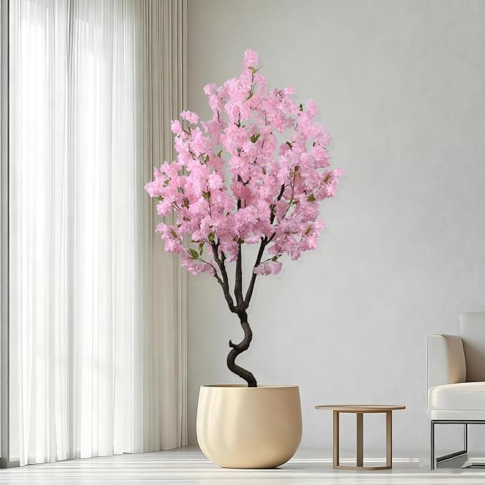 Faux Pink Cherry Blossom 5.5ft(67in) Tall Artificial Plant Indoor Decor Natural Realistic Fake Cherry Blossom Tree for Wedding Party Sakura Plant in Pot for Home Living Room,Office,Outdoor Decor