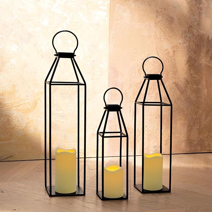 Perfnique Set of 3 Black Metal Lanterns w/ Waterproof Flickering Flameless Candle & Remote Timer, Modern Farmhouse Lanterns Decorative for Outdoor, Front Porch, Indoor, Patio, Garden, Fireplace