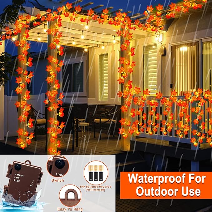 Timer & Thicker Leaves - 2 Pack Fall Garland with Lights Thanksgiving Fall Decorations for Home Total 80 Leaves 40LED 13Ft Battery Operated Lighted Thanksgiving Garland Home Indoor Outdoor Christmas