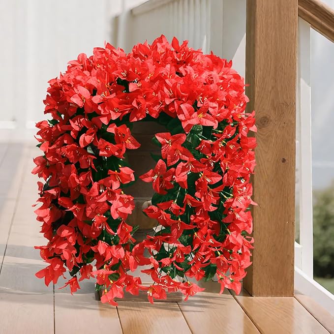 NESCCI Bougainvillea Artificial Flowers Plants for Outdoor Outside Fall Autumn Decor, 4 PCS Faux Silk Long Trailing Vines UV Resistant Fake Flowers for Front Door Porch Planter Urn Patio