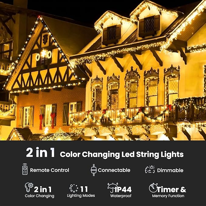 Toodour Christmas Icicle Lights Outdoor, 2 in 1 Warm White & Multicolor Color Changing Icicle Lights with 60 Drops, 29.5ft 360 LED Christmas Light Fairy Twinkle Light for Wedding Home Xmas Decor