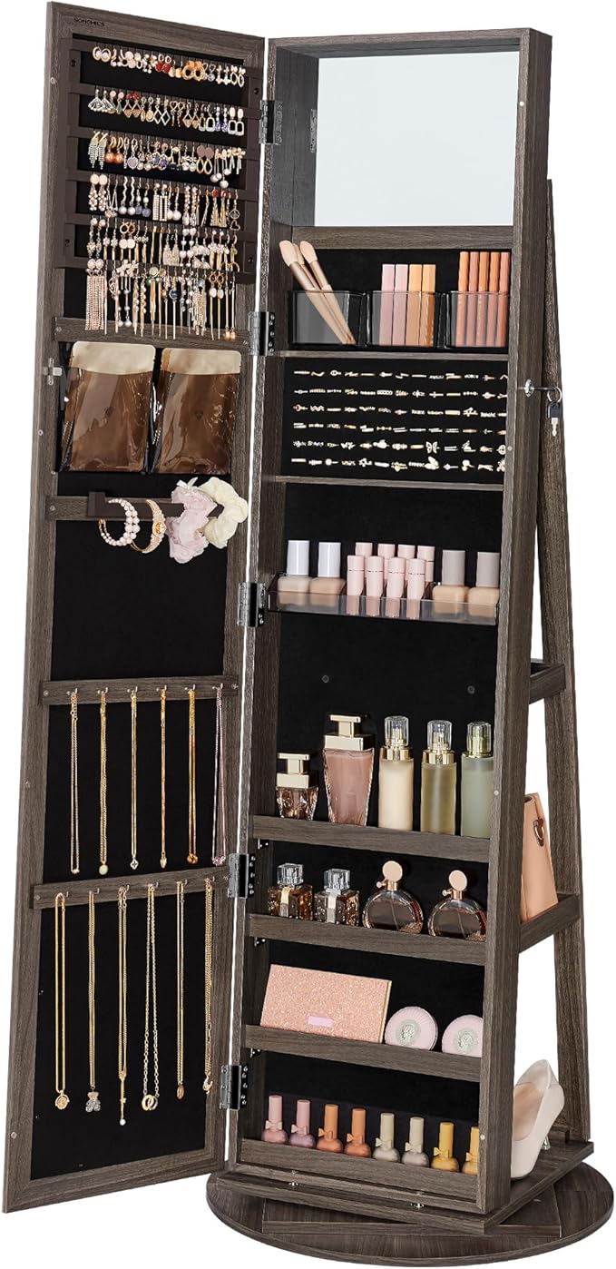 SONGMICS 360° Swivel Jewelry Cabinet, Lockable Jewelry Organizer with Full-Length Mirror, Rear Storage Shelves, Interior Mirror, Jewelry Armoire, Christmas Gifts for Women, Ash Brown UJJC006K02