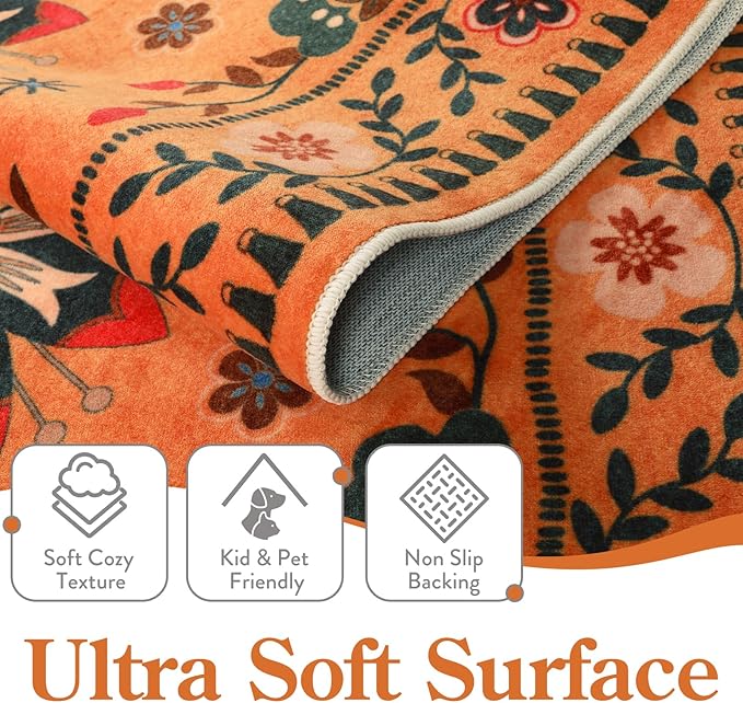 Moynesa Washable Rugs 8x10, Ultra Thin Boho Bird Living Room Area Rug Stain Resistance, Indoor Soft Orange Floral Large Easy Clean Carpet for Bedroom Dining Room Under Table Kid Playroom