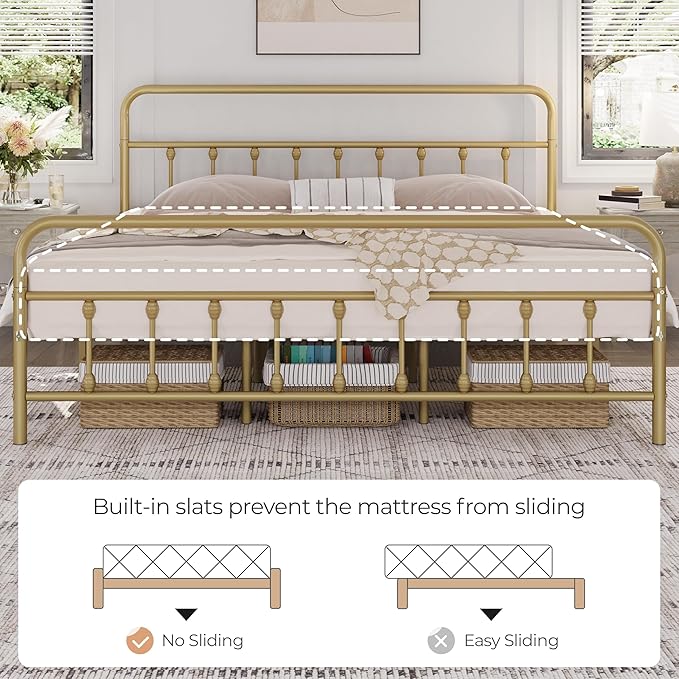 Yaheetech Classic Metal Platform Bed Frame Mattress Foundation with Victorian Style Iron-Art Headboard/Footboard/Under Bed Storage/No Box Spring Needed/King Size Antique Gold