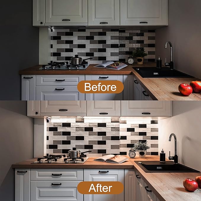 3 Pcs 12 Inch LED Under Cabinet Lighting, Black Shell Under Counter Lighting 6000K Cool White, Dimmable Closet Light, Plug and Play, LED Light Bars for Kitchen Cabinet, Cupboard, Closet, Desk