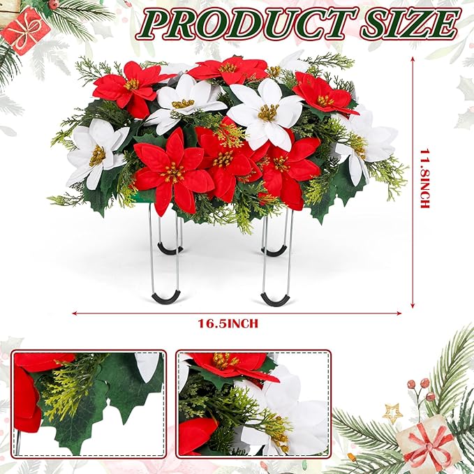 Christmas Cemetery Decorations for Grave Headstone Flower Saddle Artificial Flower Saddles Red Poinsettia Outdoor Memorial Headstone Realistic Bouquet(Vivid Color,Vivid Style)