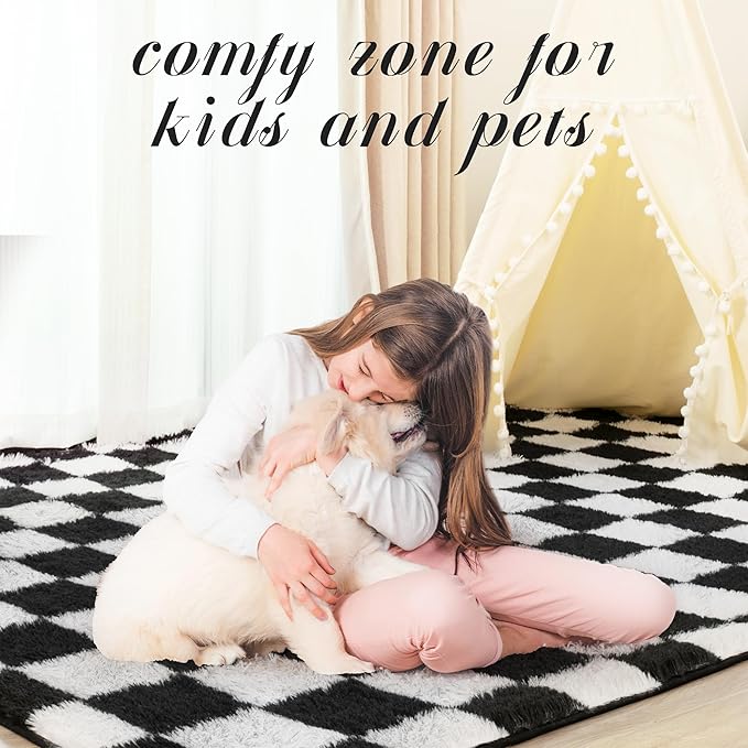 Super Soft Rug for Bedroom, 4x6 Ft Black and White Area Rug Classic Checkered Shaggy Anti-Skid High Pile Soft Fluffy Rug Fuzzy Carpet for Living Room Bedroom Kids Room Nursery, Dorm Home Decor