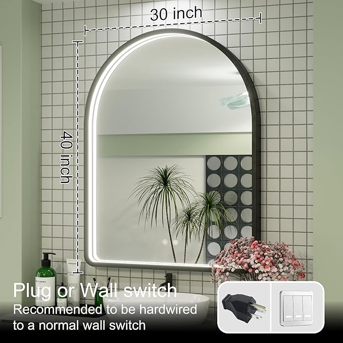 40x30 Inch LED Bathroom Mirror with Lights, Adjustable 3000K/4500K/6000K, Arched Black Frame Lighted Bathroom Vanity Mirror, Anti-Fog, Dimmable, Wall Mounted