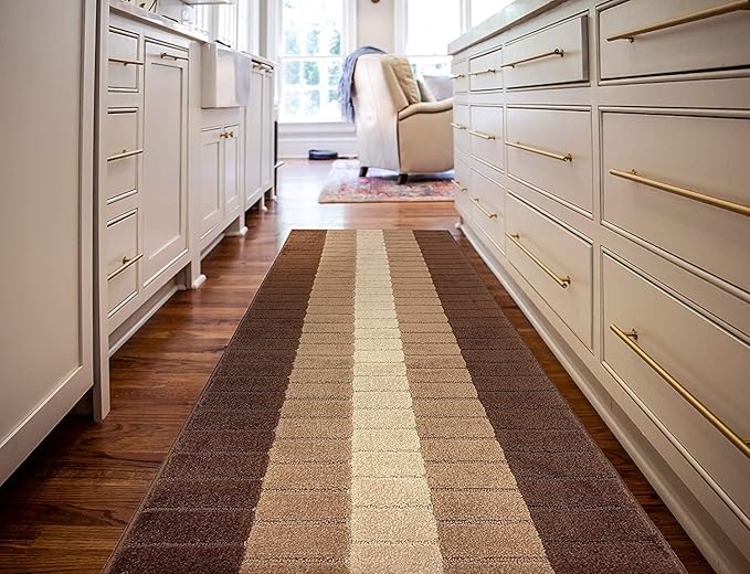 Custom Size Modern Geometric Pattern Carpet Runner Rug for Hallways, Slip Resistant Latex Rubber Backed, 31 inch Wide X Customized Length, Squares Brown, 31 inch X 12 feet