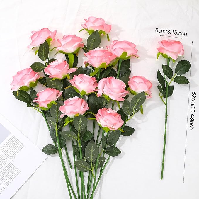 32 Pcs Light Pink Artificial Flowers Bulk, 20" Silk Gradient Blush Pink Real Touch Roses for DIY Wedding Bridal Bouquets, Centerpieces, Home Decor