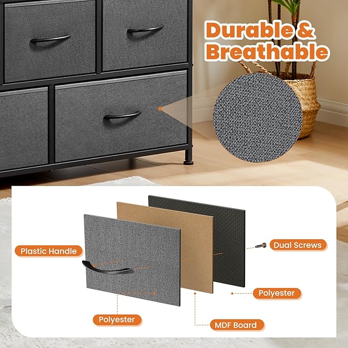 Sweetcrispy Dresser for Bedroom with 5 Storage Drawers, Fabric Storage Tower Organizer, Chest of Drawers with Metal Frame Wooden Top for Closet, Living Room, Entryway, Grey