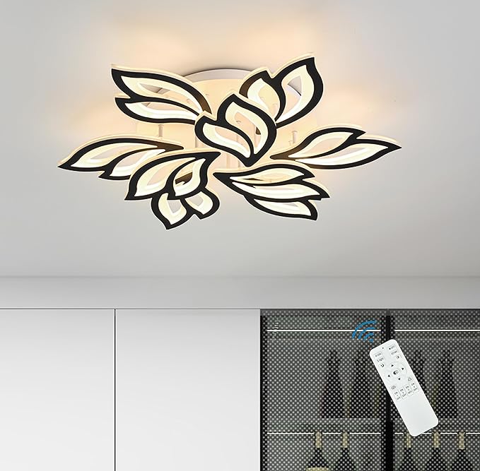 Garwarm LED Ceiling Light, Dimmable Modern Flower Shape Flush Mount Ceiling Lamp, 75W Acrylic Petals Ceiling Chandelier Lighting with Remote Control for Living Room Bedroom Dining Room (Black)