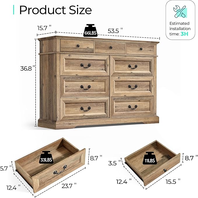 LINSY HOME Dresser for Bedroom, 9 Drawer Wood Farmhouse Chest, Tall Vintage Dressers with Deep Storage Drawers, Wide Large Dresser, Accent Wide Storage Cabinet for Bedroom, Living Room, Rustic Brown