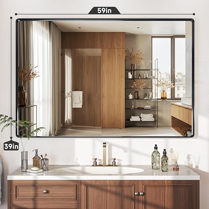 Hasipu Black Bathroom Mirror for Wall, 59 x 40 Inch Metal Framed for Over Sink, Rectangle Vanity Mirror, Anti-Rust, Tempered Glass, Horizontal or Vertical
