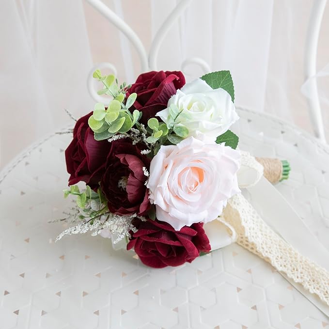 Wedding Bouquets for Bride Bridesmaid, Artificial Burgundy Blush Bride Flower Bouquet for Wedding Church Decoration Ceremony, Anniversary, etc, Roses Flowers