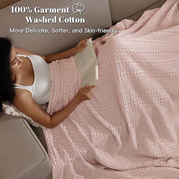 PHF 100% Cotton Waffle Weave Blanket Twin Size for Bed, Soft Lightweight & Breathable, All-Season Comfort, Luxury Aesthetic Woven Bedding for Home Decor, 66"x90", Pink/Mauve