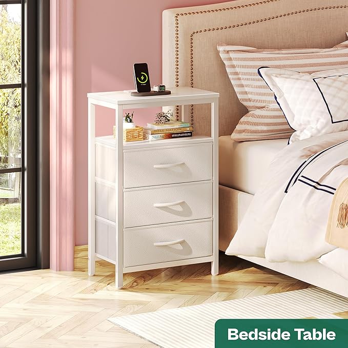 Huuger Nightstand with Charging Station, 27.6 Inch Side Table with Drawers, PU Leather Finish, End Table Bedside Table with USB Ports and Outlets, Night Stand for Bedroom, White