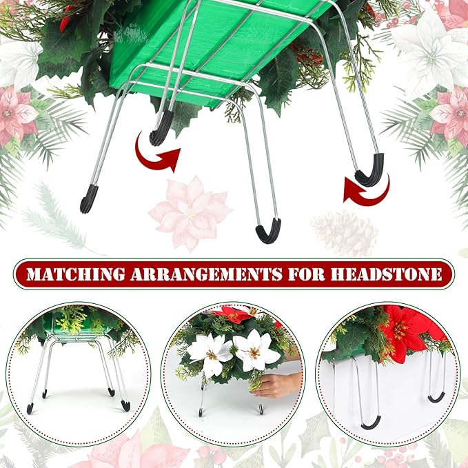 Christmas Cemetery Decorations for Grave Headstone Flower Saddle Artificial Flower Saddles Red Poinsettia Outdoor Memorial Headstone Realistic Bouquet(Vivid Color,Vivid Style)