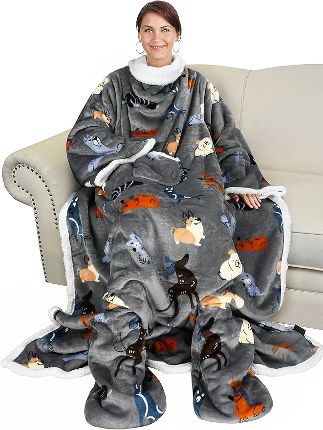 Catalonia Sherpa Wearable Blanket with Sleeves & Foot Pockets for Adult Women Men, Comfy Snuggly Wrap Sleeved Throw Blanket Robe, Gift Idea