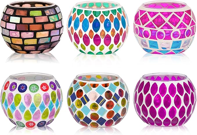 6pcs Votive Candle Holders, Mosaic Tealight Holder Stained Glass Tea Light, Colorful Handmade Candle Jars Aromatherapy Candle Lamp for Christmas, Wedding, Birthday Table Centerpiece Decor