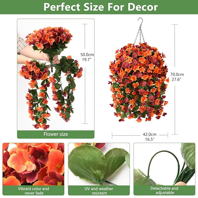 Artificial Fake Hanging Plants Flowers Basket for Fall Autumn Outdoor Decoration,Faux Silk Begonia in Planter UV Resistant Realistic for Outside Home Porch Patio Balcony Yard Decor