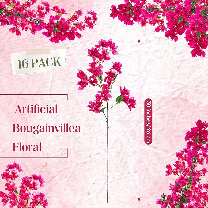 16 Pack Artificial Bougainvillea Floral 38" Silk Long Stem Bougainvillea Plants Hanging Table Centerpiece for Home Wedding Indoor Outdoor Decorations (Rose Red)