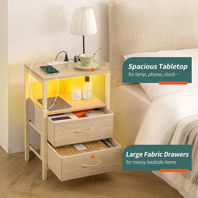 Yoobure Nightstand with Charging Station, LED Night Stand with Fabric Drawers and Storage Shelf for Bedroom, Nightstands Bedside Tables with USB Ports & Outlets, Small Night Stands, Bed Side Table