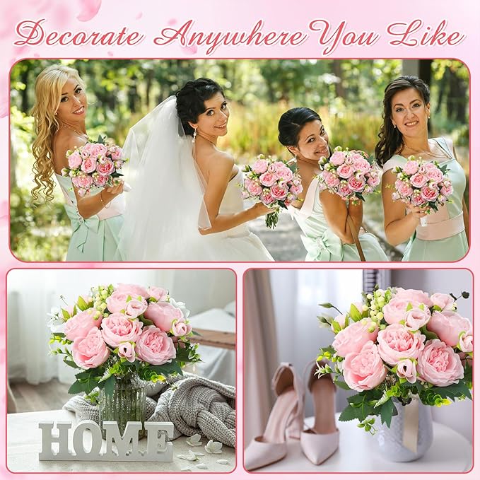 Geosar 2 Bundles Artificial Peonies Flowers Fake Silk Peony Bouquet Faux Peonies Flowers Bulk for Decoration Vase Floral Arrangements Wedding Party Table (Pink)