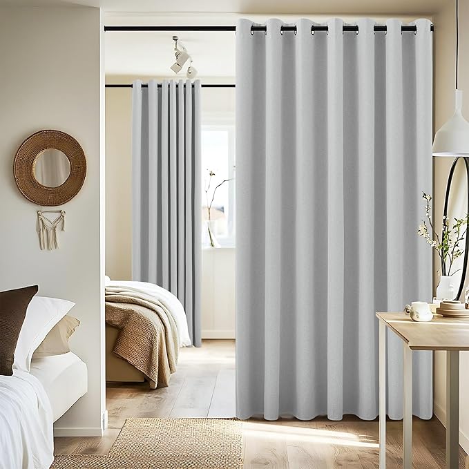 NICETOWN Vintage Open Linen Weave Flax Wall to Wall Room Dividers Curtain for Patio Sliding Door, Off White, 100% Blackout Curtains 84" Long, Soundproof Window Treatment Drapes for Hall Room