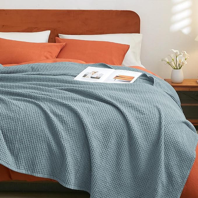 PHF 100% Cotton Waffle Weave Throw Blanket，Pre-Washed Snag Proof Lightweight Breathable Moisture-Wicking for Layering in Cold Weather for Couch Bed,Machine Washable,Home Decor Gift-Ocean
