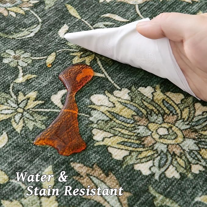 Washable 9x12 Area Rugs for Living Room, Boho Non-Slip Silicone Backing Rugs for Bedroom Dining Room Nursery Office, 0.3" Neutral Oriental Throw Carpet with 0.16" Cushioning Pad, Sage Green/Multi