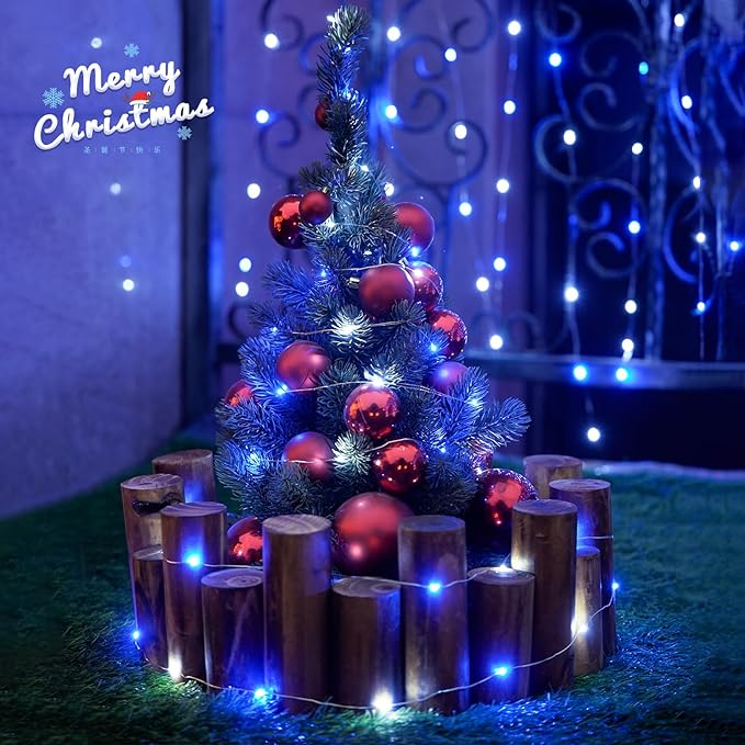 JMEXSUSS 4 Pack 50 LED Fairy Lights Battery Operated Silver Wire 16.1ft Waterproof Blue & White Twinkle Lights for Gifts Party Wedding Christmas Indoor Outdoor Decorations