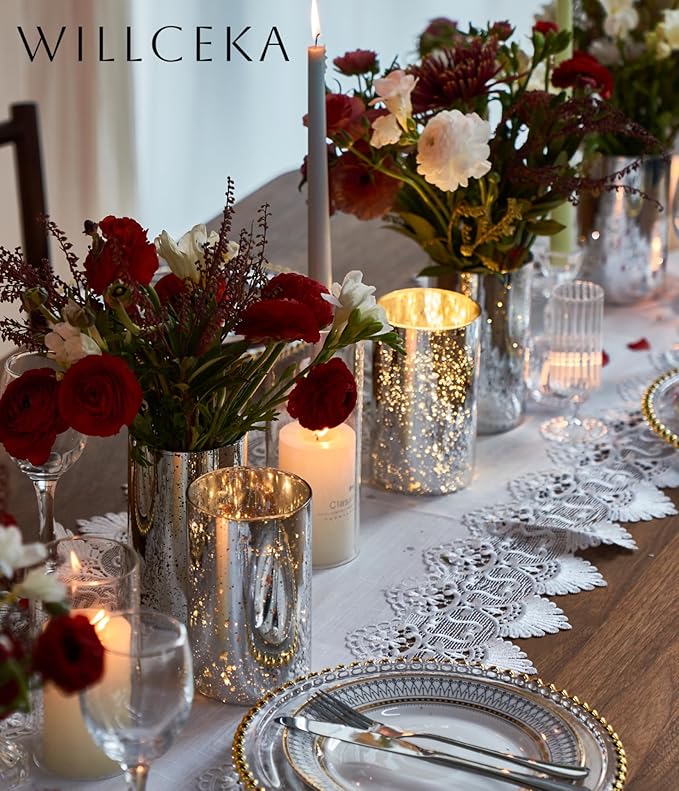 Silver Candle Holder Hurricane Candle Cylinder Vases for Centerpieces Set of 6 for Wedding Table Centerpiece