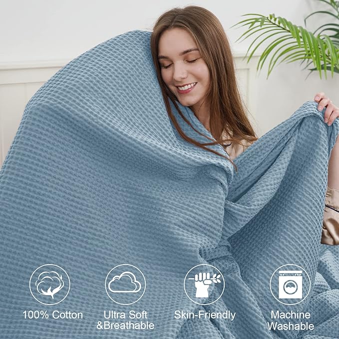 PHF 100% Cotton Waffle Weave Blanket King Size for Bed,Snag Proof Lightweight Breathable Moisture-wicking Throw for Couch,Great for Layering in Cold Weather,Machine Washable,Home Decor Gift-Dusty Blue