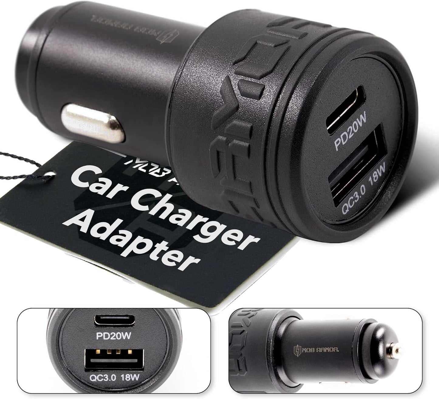 Mob Armor 38W Dual USB Quick-charge USB A + USB C Car Charger - Fast Charging Adapter for Car Phone Charger - Black