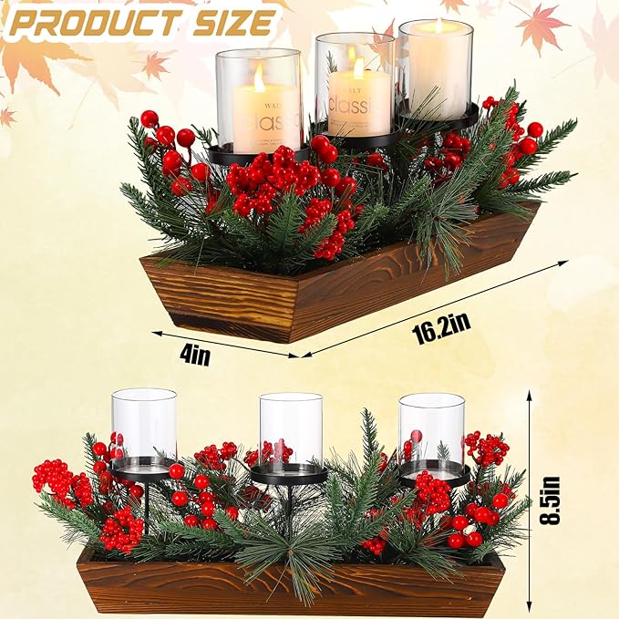 3 Pillar Christmas Table Centerpiece Christmas Candle Holder Artificial Red Berries Pine Cones with Steal Base Frosted Berry Arrangement for Home Decor