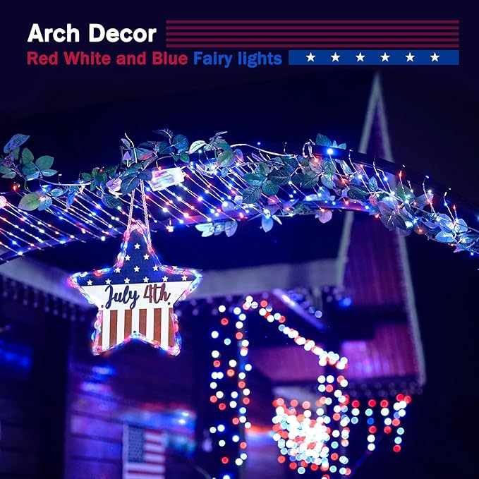 JMEXSUSS 2 Pack Red White and Blue Fairy Lights Battery Operated, Total 200 LED 66ft Battery Powered Twinkle Light with Remote, 8 Modes Red White and Blue String Lights for 4th of July Decorations