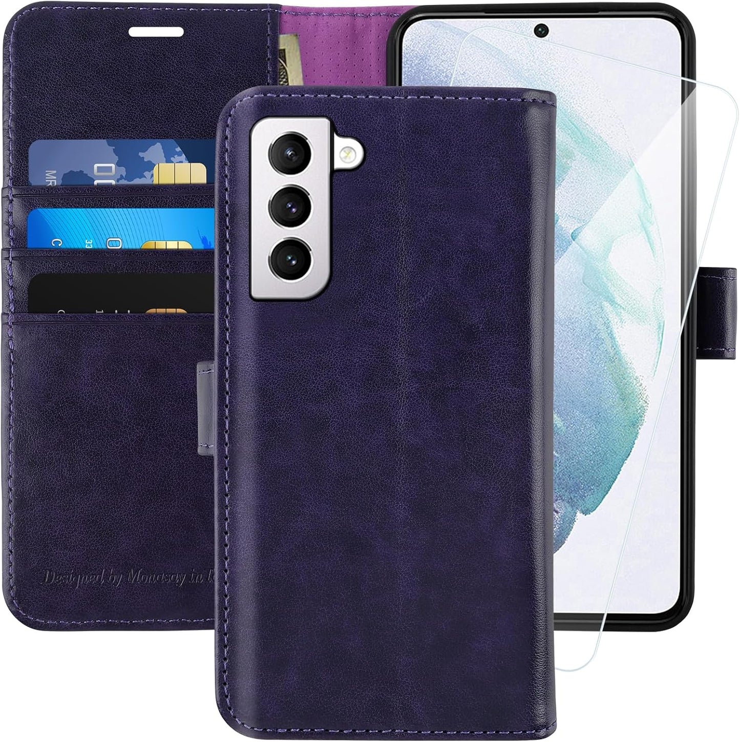MONASAY Flip Folio Leather Wallet Case for Galaxy S22 5G, Purple, with Screen Protector & RFID Blocking, Credit Card