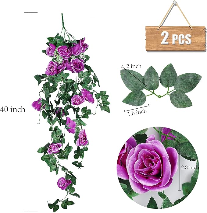 RECUTMS 2Pieces 3.3Ft Fake Hanging Flowers Artificial Rose Plants Wall Décor Wedding Home Garden Decoration (Purple)