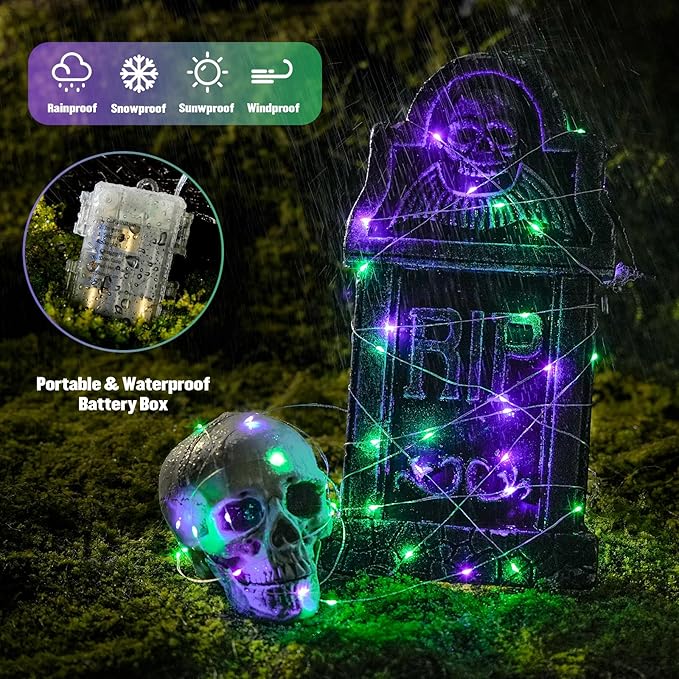 JMEXSUSS 2 Pack Purple and Green Fairy Lights Battery Operated, Total 200 LED 66ft Halloween Lights with Remote, 8 Modes Twinkle String Lights for Fireplace Mantel Porch Tree Centerpiece Wreath Decor