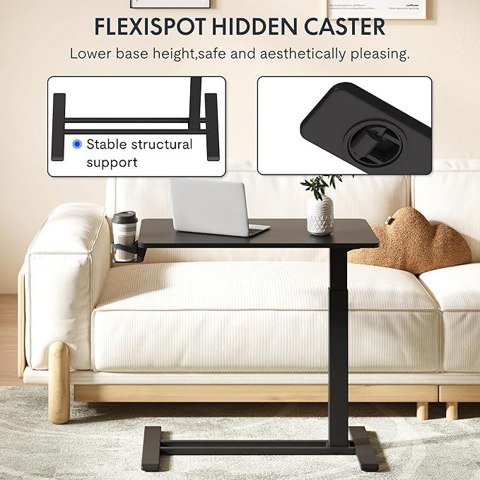 FLEXISPOT H7 Adjustable Overbed Bedside Table with Wheels Pneumatic Mobile Standing Desk Laptop Desk Rolling Computer Cart Movable Overbed Table Hospital Home Use(31.5" W x 17.7" D, Black Large)