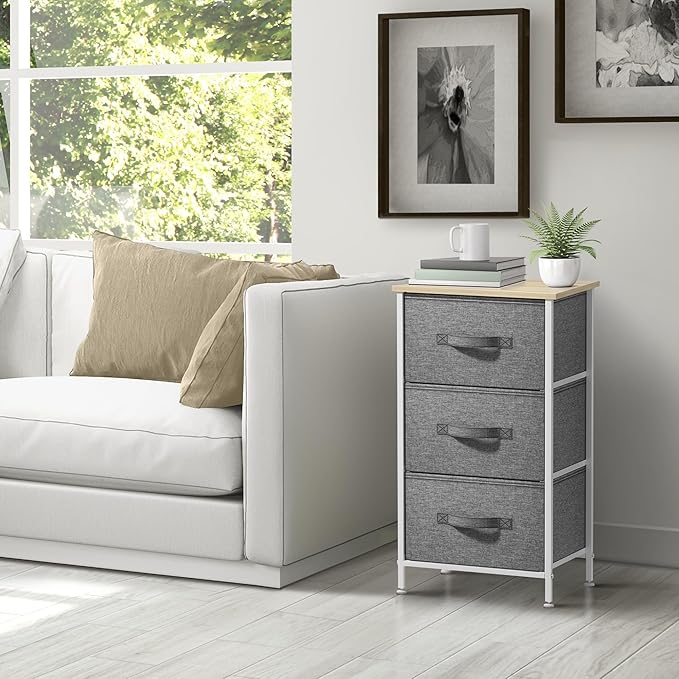 Sorbus Nightstand with 3 Drawers - Bedside Furniture & Night Stand End Table Dresser with Steel Frame, Wood Top, Easy Pull Fabric Bins for Home, Bedroom Accessories, Office & Dorm