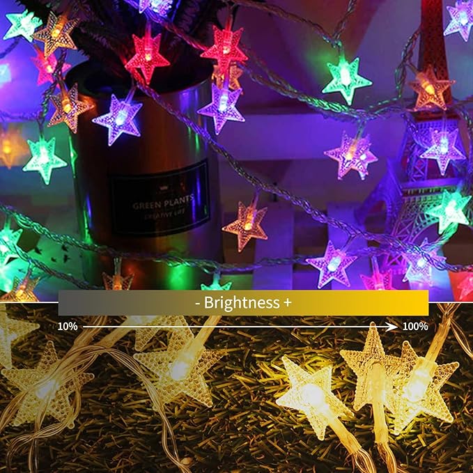 Minetom Star String Lights Plug in - 33 ft 100 LED Star Fairy String Lights with Remote and Timer, Waterproof for Bedroom Tent Loft Bed Shelf Porch Patio Garden Party Décor, Warm White + Multicolor