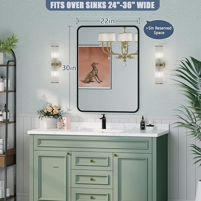 Black Bathroom Mirror for Over Sink - 22×30 Rectangle Bathroom Vanity Mirror Wall Mounted with Matte Aluminum Frame & Rounded Corners, Shatterproof Tempered-Glass, Horizontal/Vertical