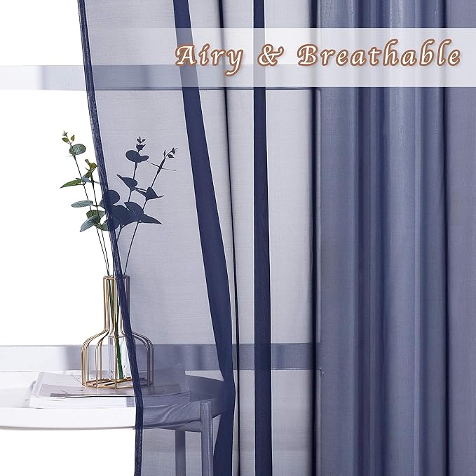 NICETOWN Sheer Window Curtains 45" - Ring Top Transparent Gauzy Voile Room Window Coverings Panels for Loft, Kitchen, Kids Room (54 Inch W, Dark Blue, 2 Panels)