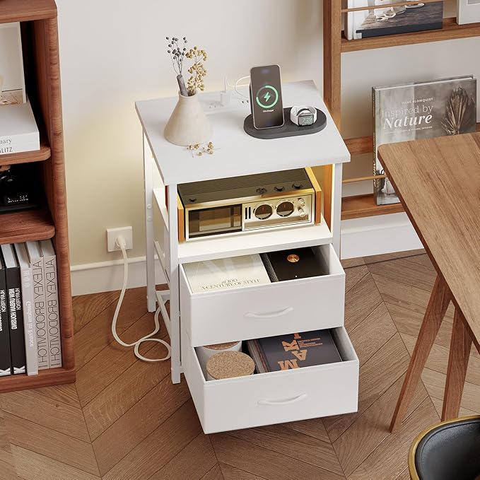 Fixwal Night Stand with Charging Station, LED Nightstand with U-S-B Ports and Outlets, 2 Fabric Storage Drawers with PU Finish, Bed Side Table, White