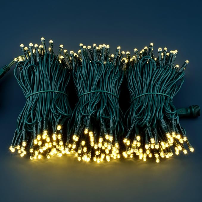 YULETIME 100 ft 300 Count Warm White LED String Lights with 8 Models Adapter, Green Wire Wide Angle 5mm Christmas Lights (Warm White - Green Wire)