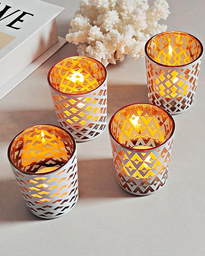 SHMILMH White and Gold Votive Candle Holders Set of 12, 4 Patterns Frosted Glass Tea Lights Candle Holders for Birthday Party Wedding Table Centerpiece Halloween