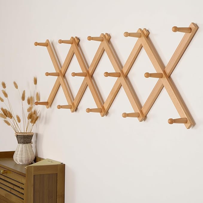 SKOLOO Hat Rack for Wall with 14 Hooks, Solid Wooden, Modern, Expandable Coat Rack Wall Mount for Coats, Hats, Bags, Baseball Caps, Natural Color