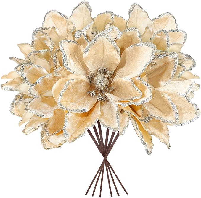 8 Pcs Large Christmas Flower Magnolia Flowers Christmas Tree Decoration Artificial Poinsettia Stems Velvet Xmas Ornaments for Xmas Tree Table Decor(Champagne,12 Inch)